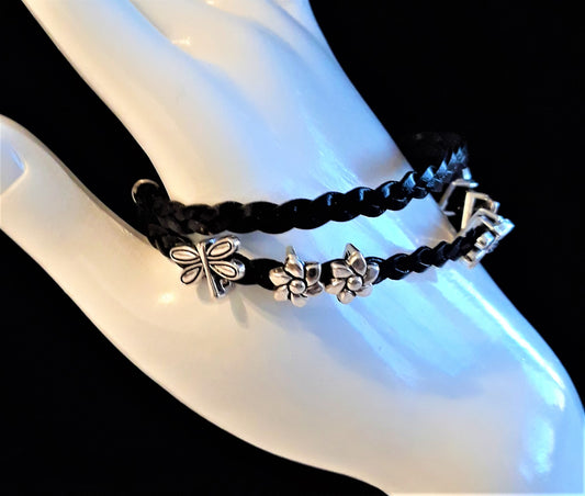 Braided Black Leather Dragonfly Bracelet - Palo Verde Jewels