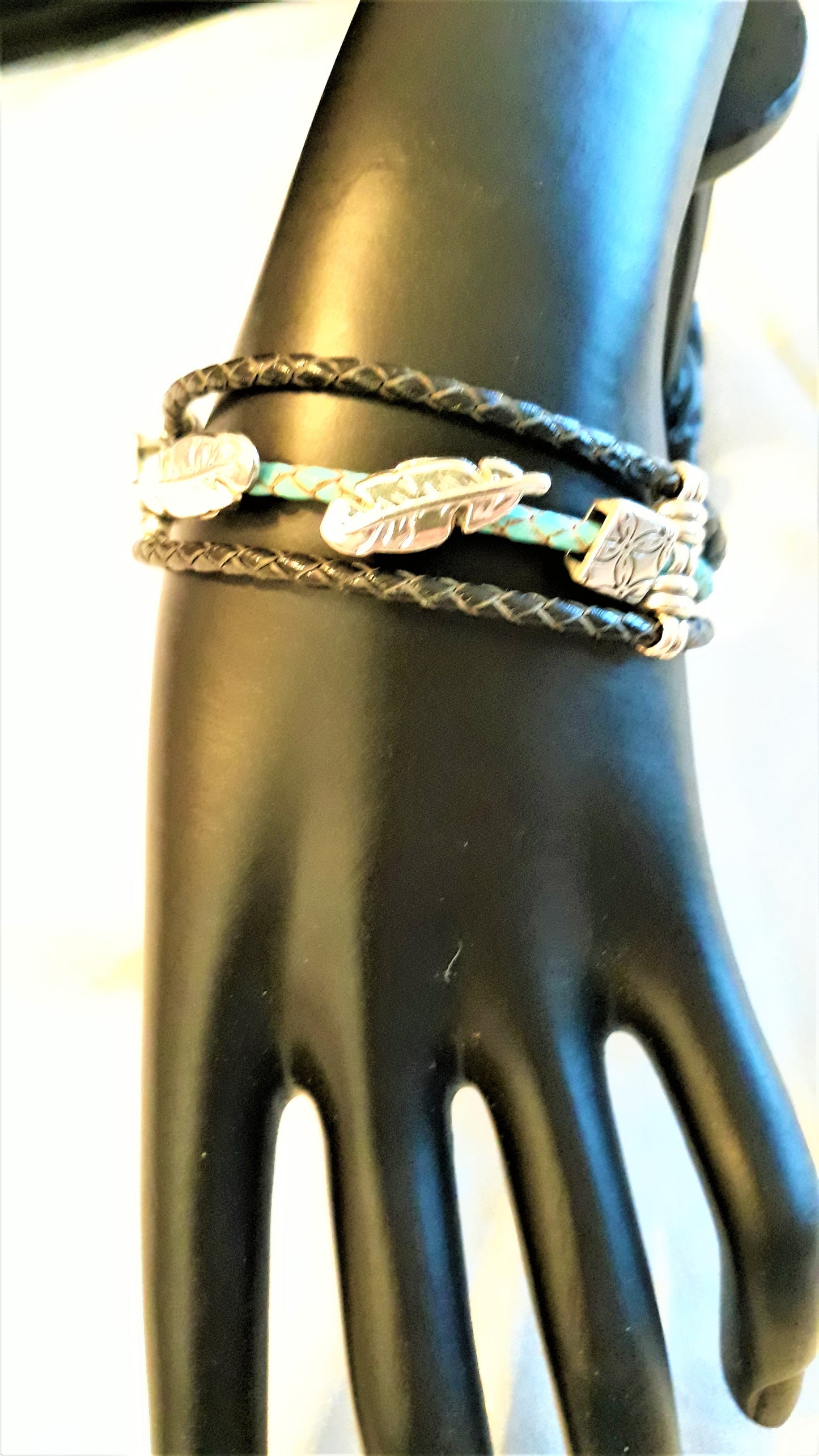 3 Strand Blue and Black Leather Bracelet - Palo Verde Jewels