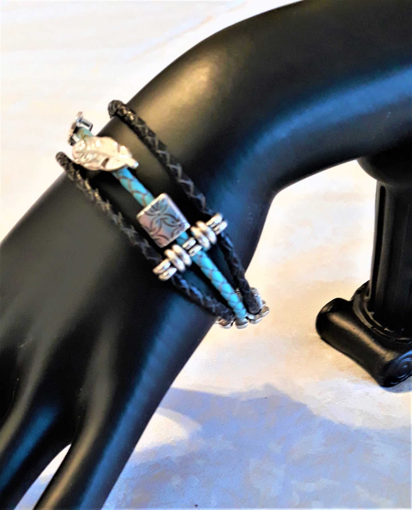 3 Strand Blue and Black Leather Bracelet - Palo Verde Jewels