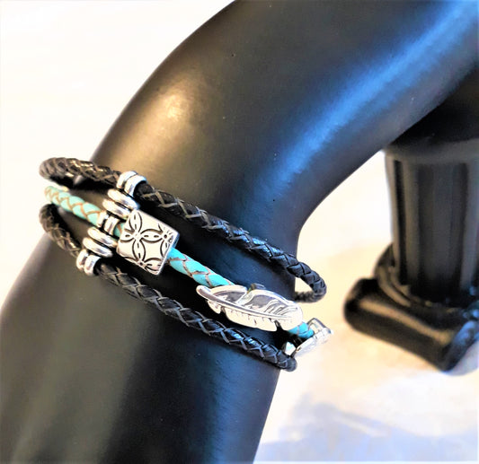 3 Strand Blue and Black Leather Bracelet - Palo Verde Jewels