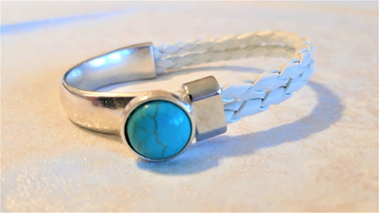 Braided White Leather and Turquoise Cuff Bracelet - Palo Verde Jewels