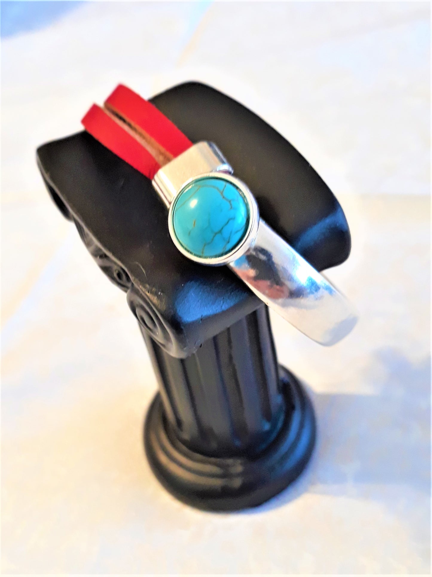 Red Leather and Turquoise Silver Cuff Bracelet - Palo Verde Jewels