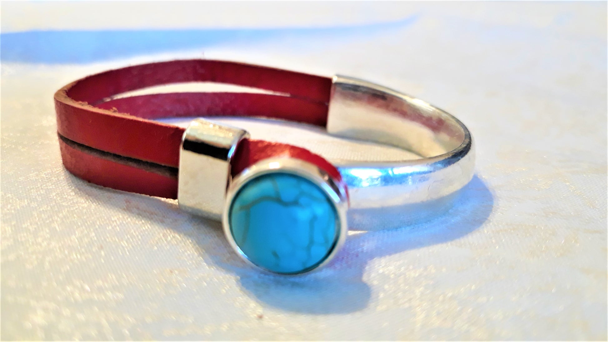 Red Leather and Turquoise Silver Cuff Bracelet - Palo Verde Jewels