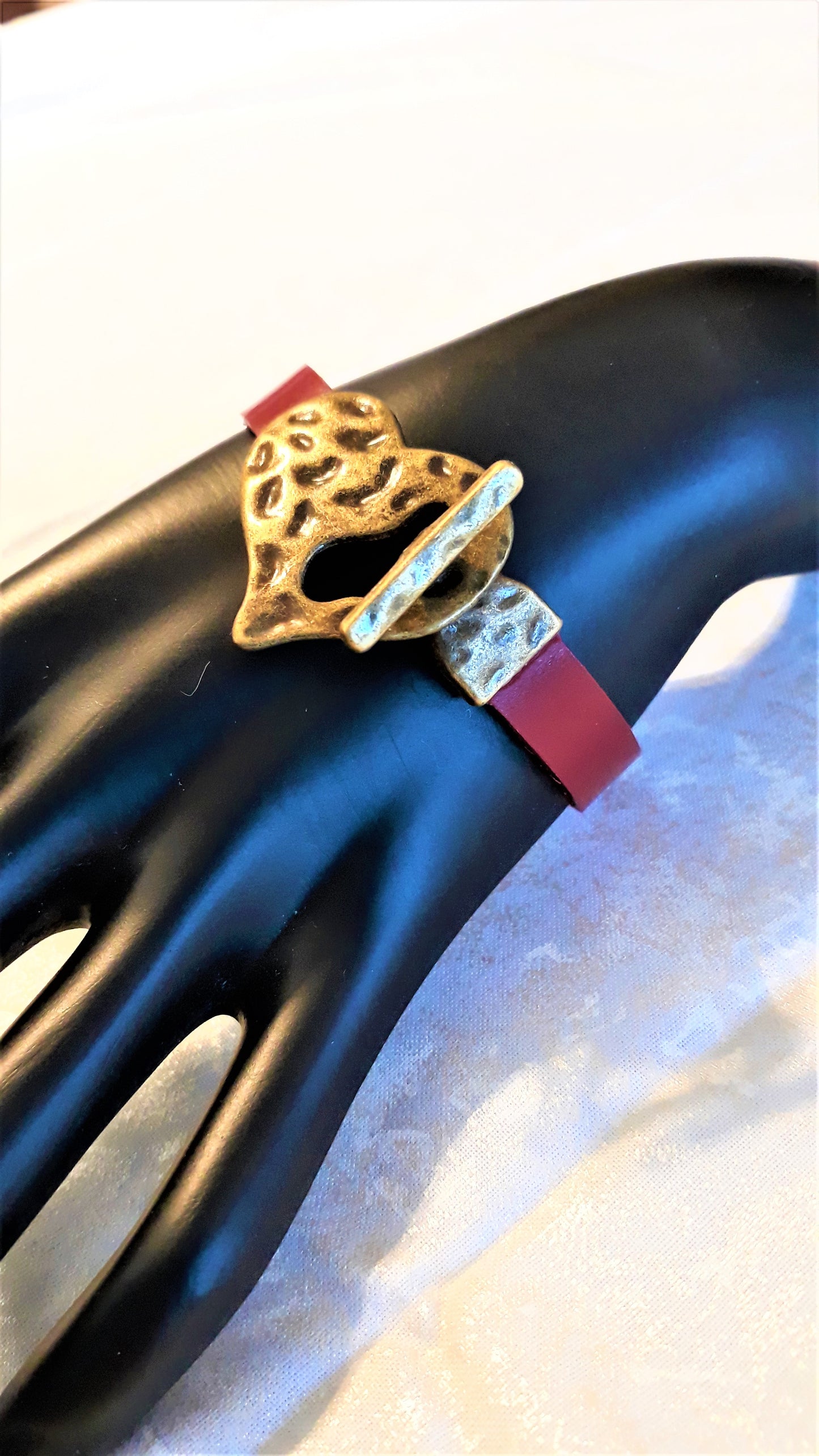 Red Leather with Copper Heart Bracelet - Palo Verde Jewels