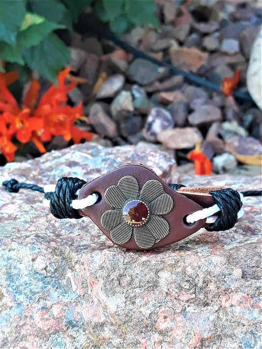 Floral Leather Adjustable Bracelet W/ Red Accent - Palo Verde Jewels