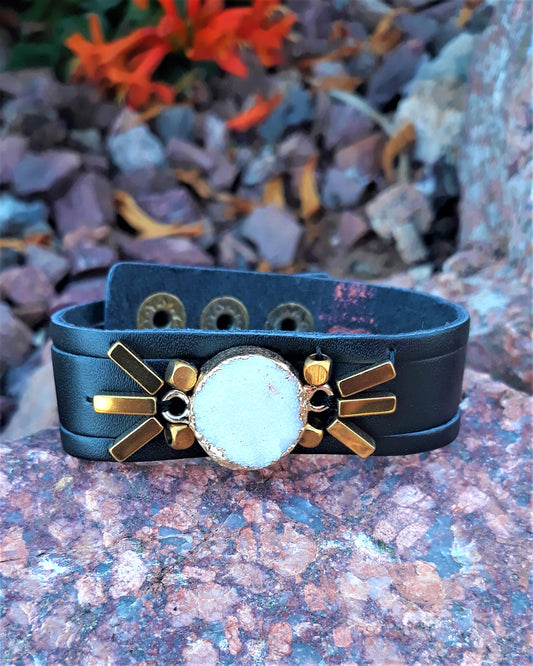 Black Leather and Pyrite Druzy Adjustable Bracelet - Palo Verde Jewels