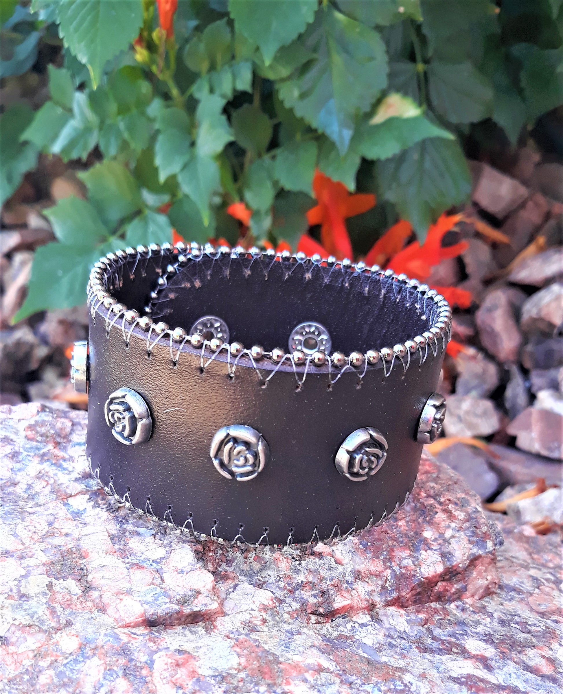 Pewter Rose & Leather Adjustable Bracelet - Palo Verde Jewels