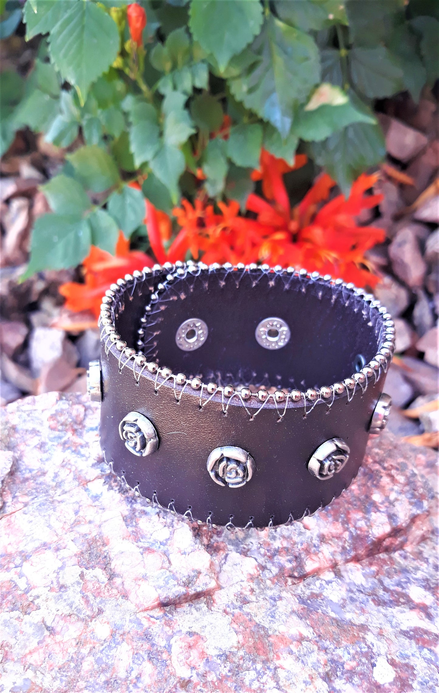 Pewter Rose & Leather Adjustable Bracelet - Palo Verde Jewels