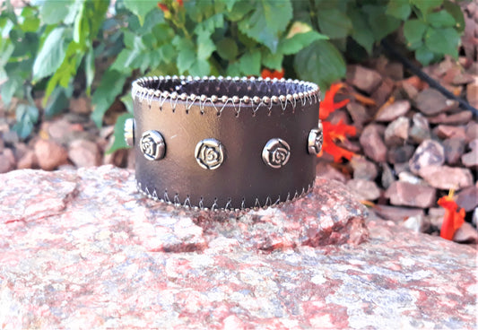 Pewter Rose & Leather Adjustable Bracelet - Palo Verde Jewels