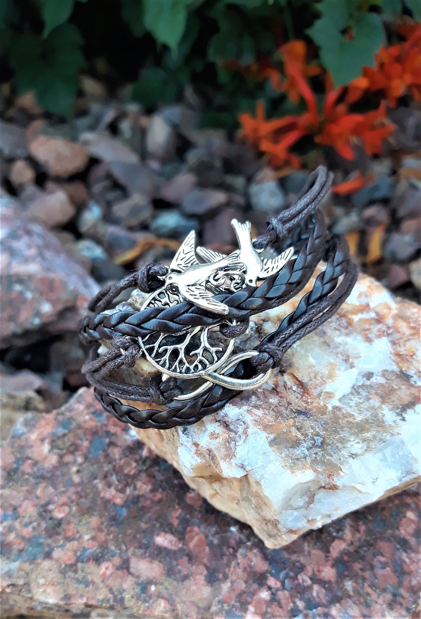 Silvertone Leather Adjustable Bracelet W/Bird-Affinity Sign & Tree of Life - Palo Verde Jewels