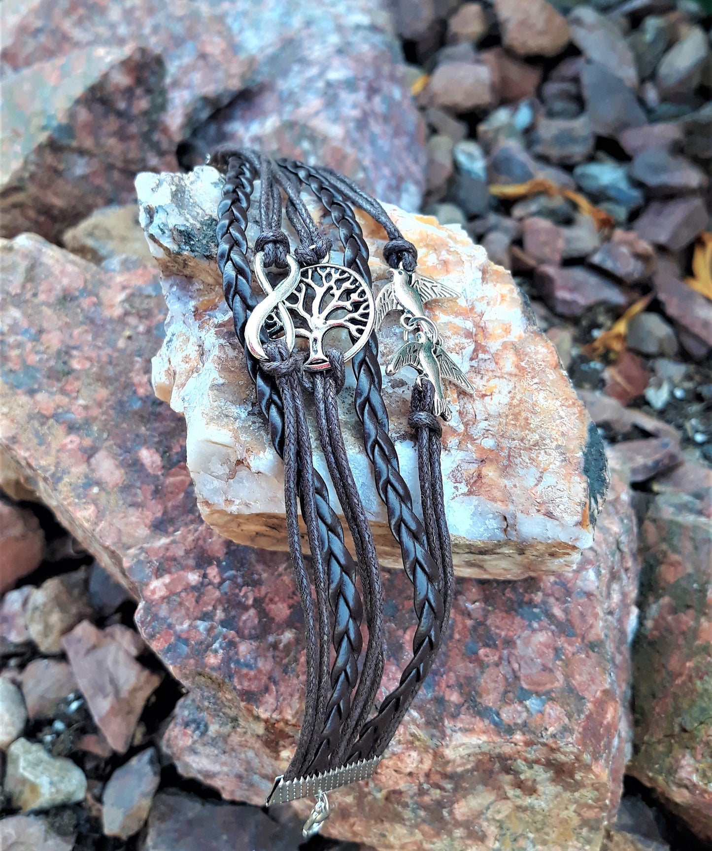 Silvertone Leather Adjustable Bracelet W/Bird-Affinity Sign & Tree of Life - Palo Verde Jewels