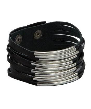 Black Leather & Silvertone Metal Cuff - Palo Verde Jewels