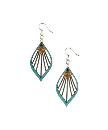 Teal Wood Fan Palm Leaf Drop Earrings - Palo Verde Jewels