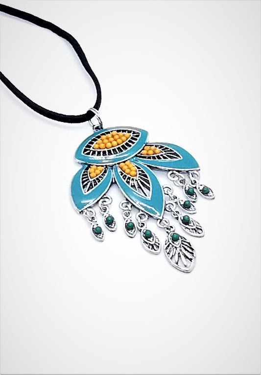 Turquoise and Orange Lotus Pendant Necklace - Palo Verde Jewels