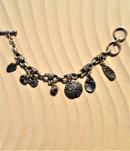 Brass & Pewter Charm Bracelet-2 sided Floral charms - Palo Verde Jewels