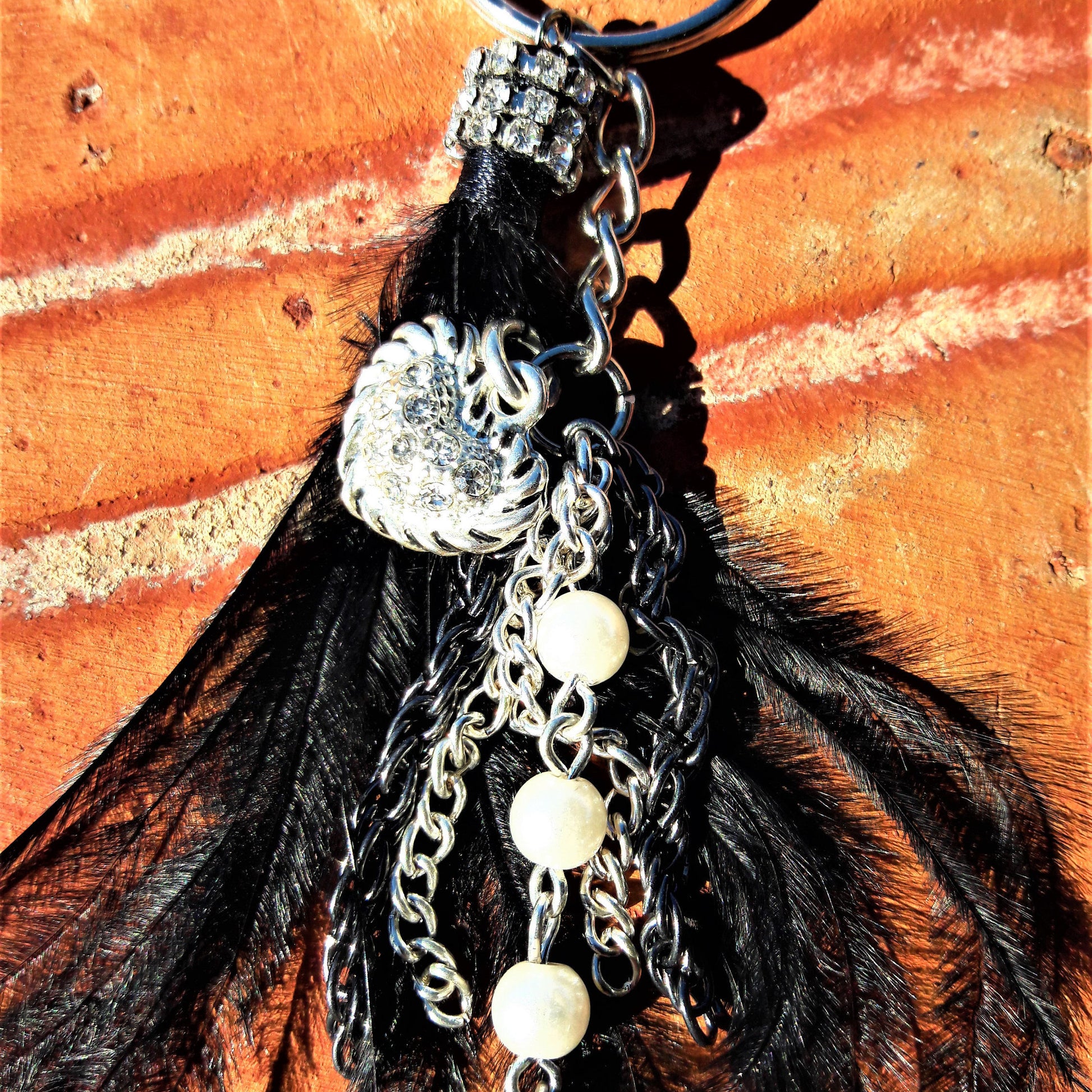 Black Feather with crystal accents Key chain, Purse charm – Palo